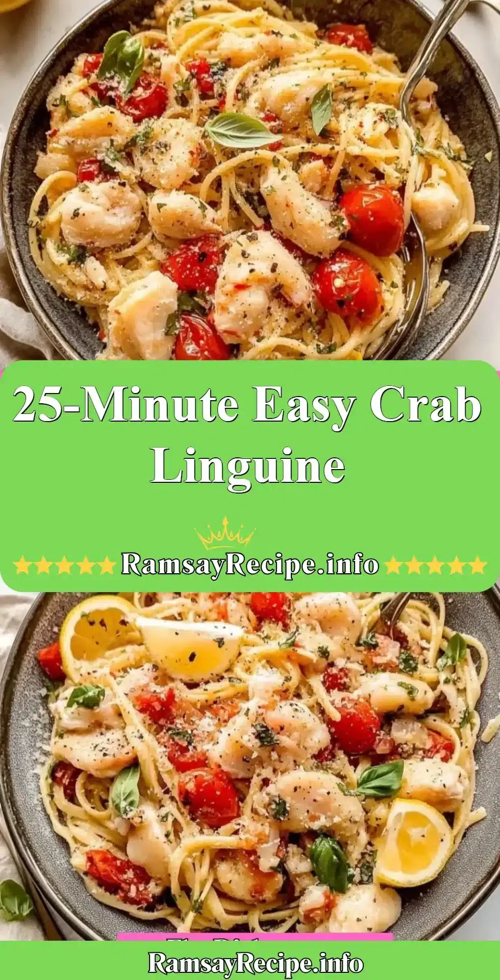 Delicious plate of easy crab linguine ready in 25 minutes.