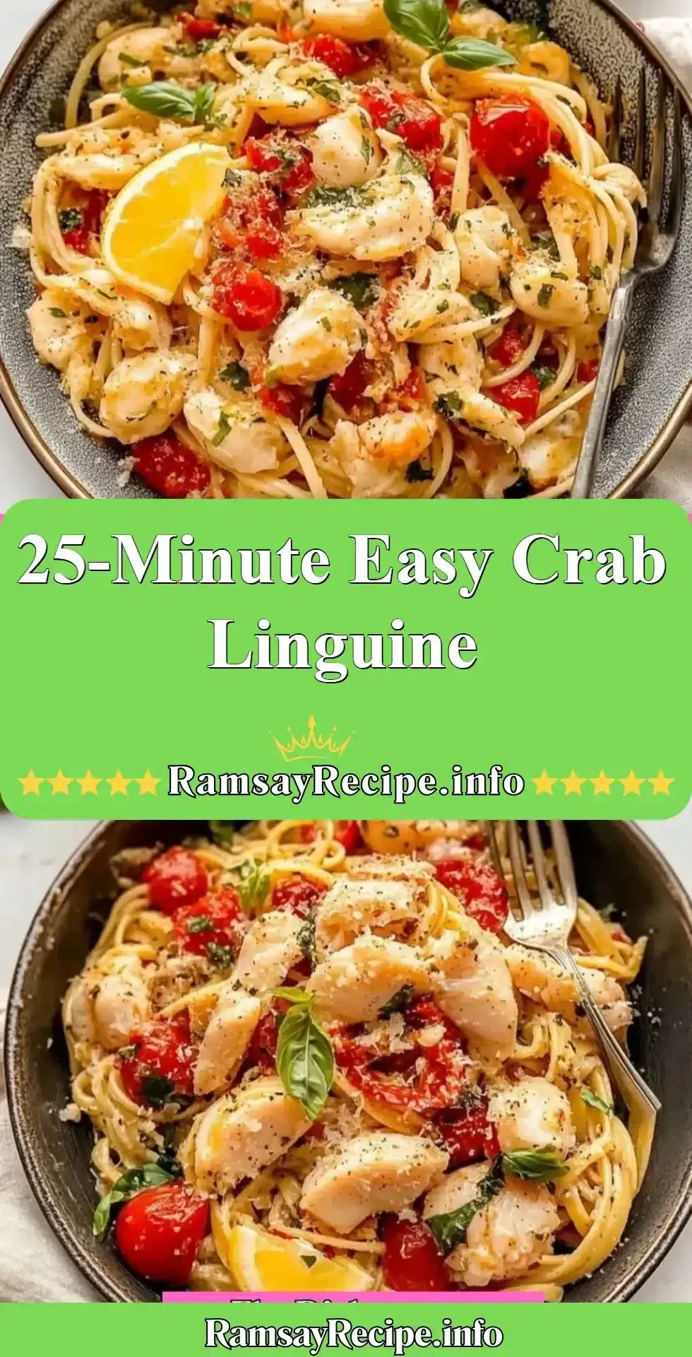 Delicious crab linguine dish served with herbs and lemon in a bowl