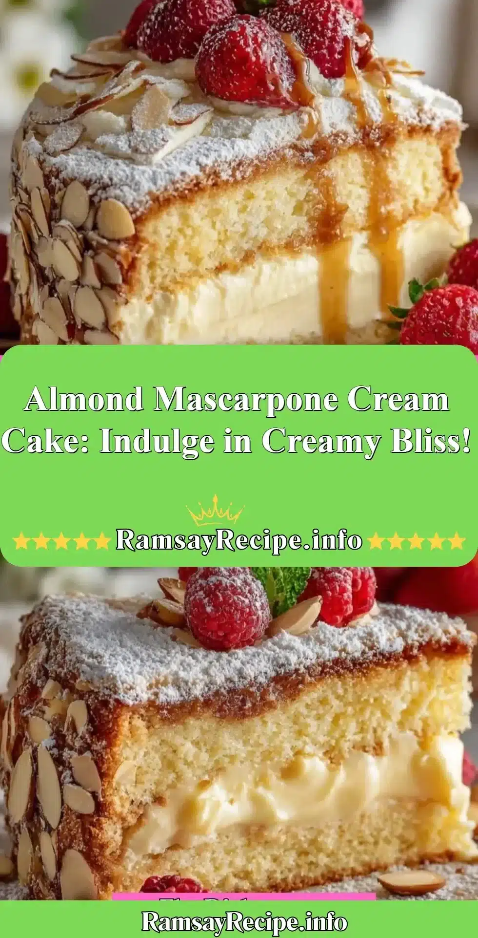 Almond Mascarpone Cream Cake topped with almonds and mascarpone cream