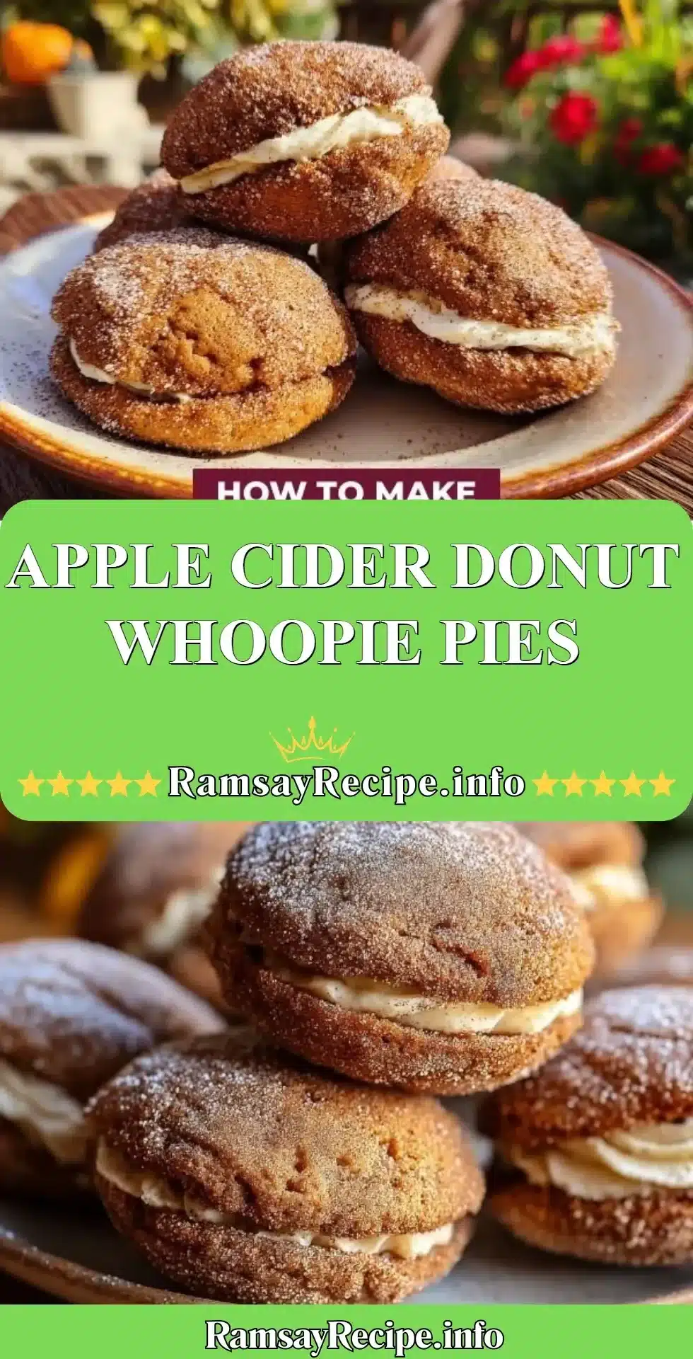 Delicious apple cider donut whoopie pies on a decorative plate