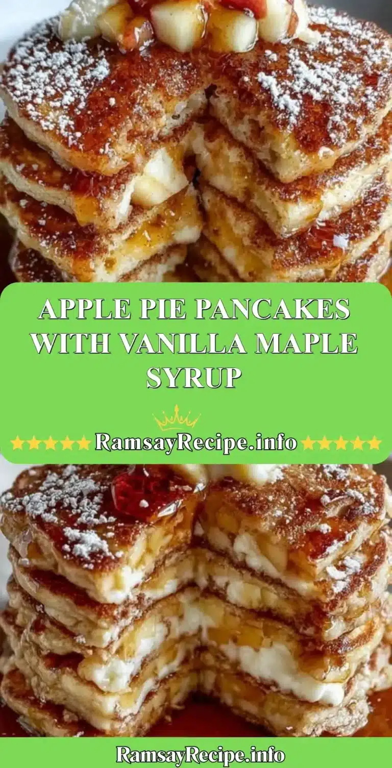 Stack of apple pie pancakes drizzled with vanilla maple syrup