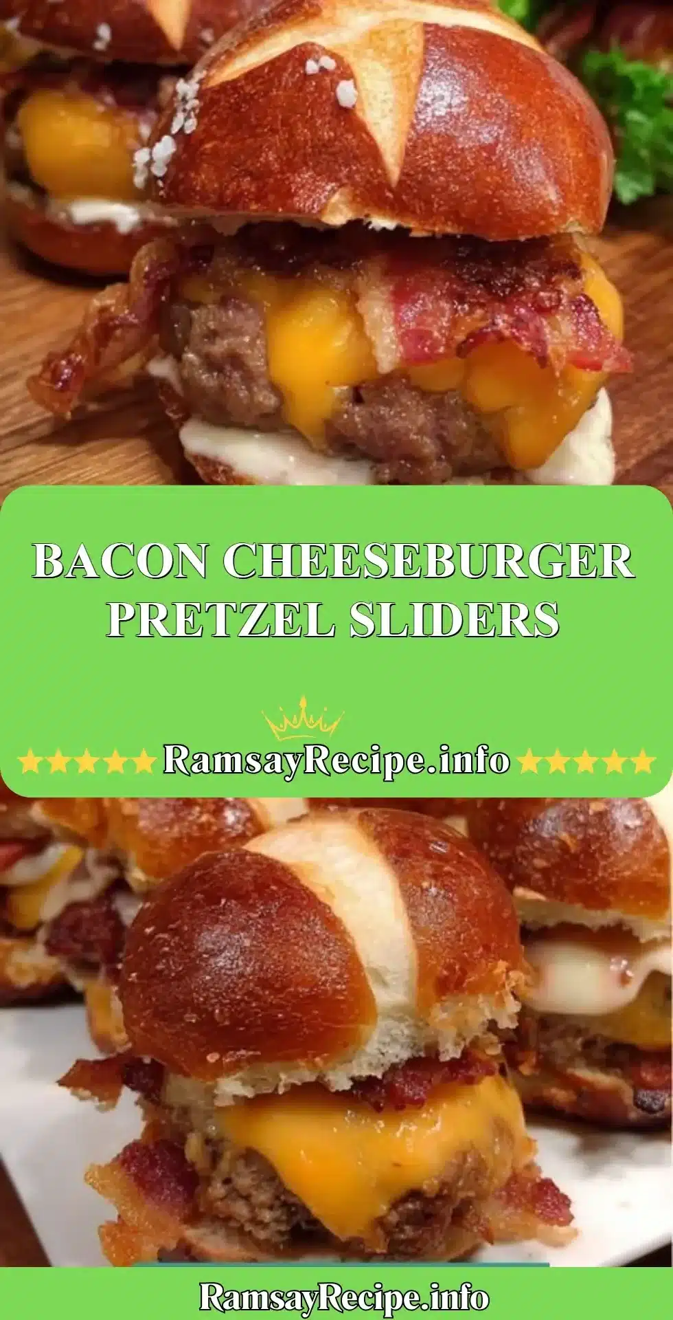 Bacon cheeseburger pretzel sliders topped with cheese and bacon