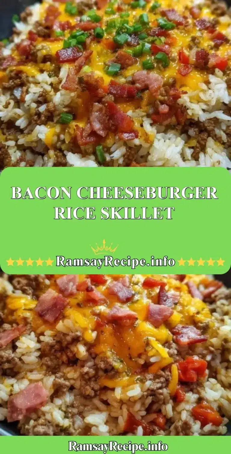 Delicious Bacon Cheeseburger Rice Skillet topped with melted cheese and crispy bacon