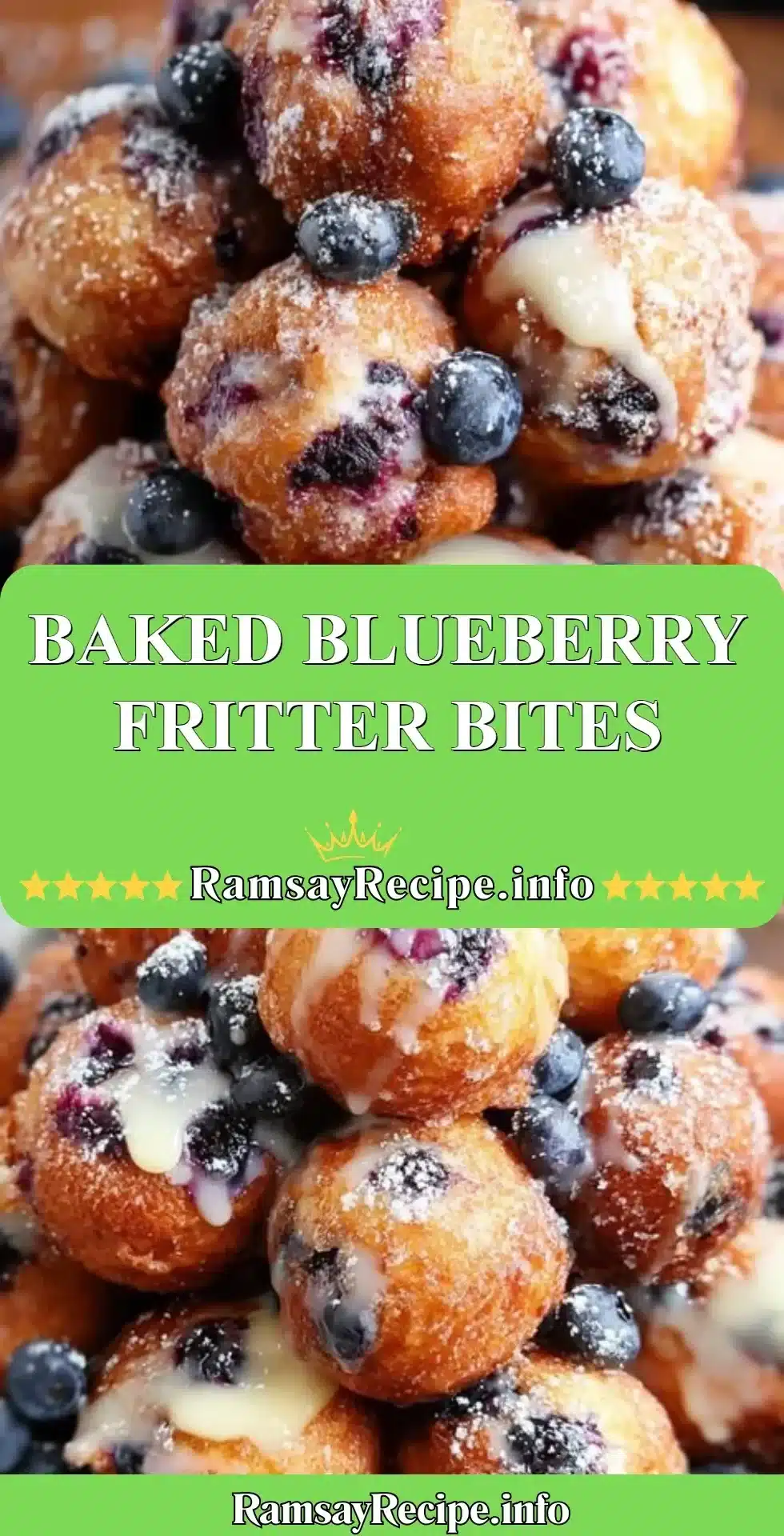 Baked blueberry fritter bites served on a plate with fresh blueberries.