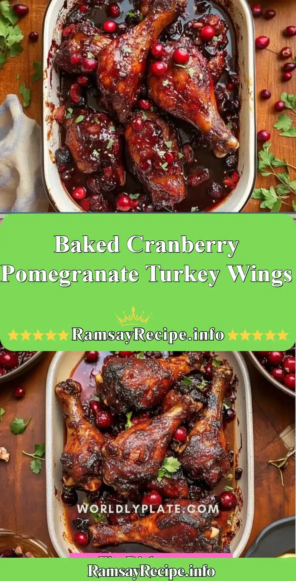 Baked cranberry pomegranate turkey wings served on a festive plate