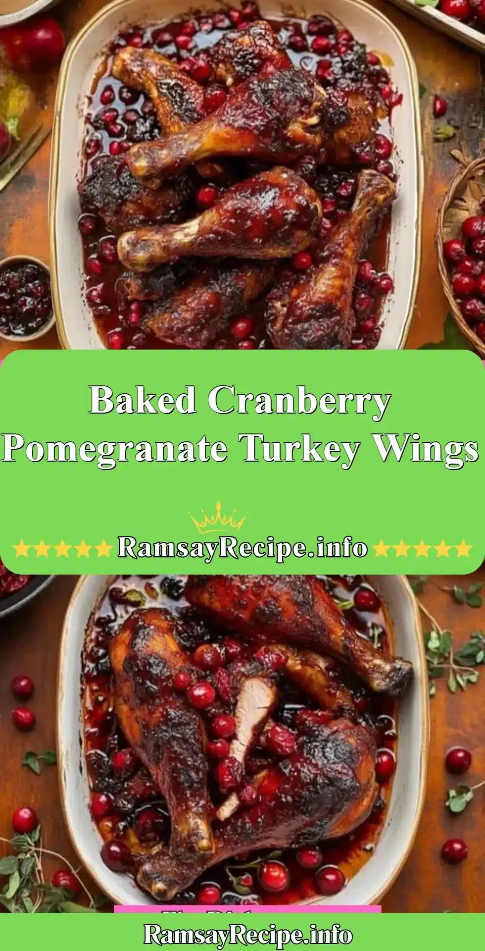 Baked cranberry pomegranate turkey wings served on a festive platter