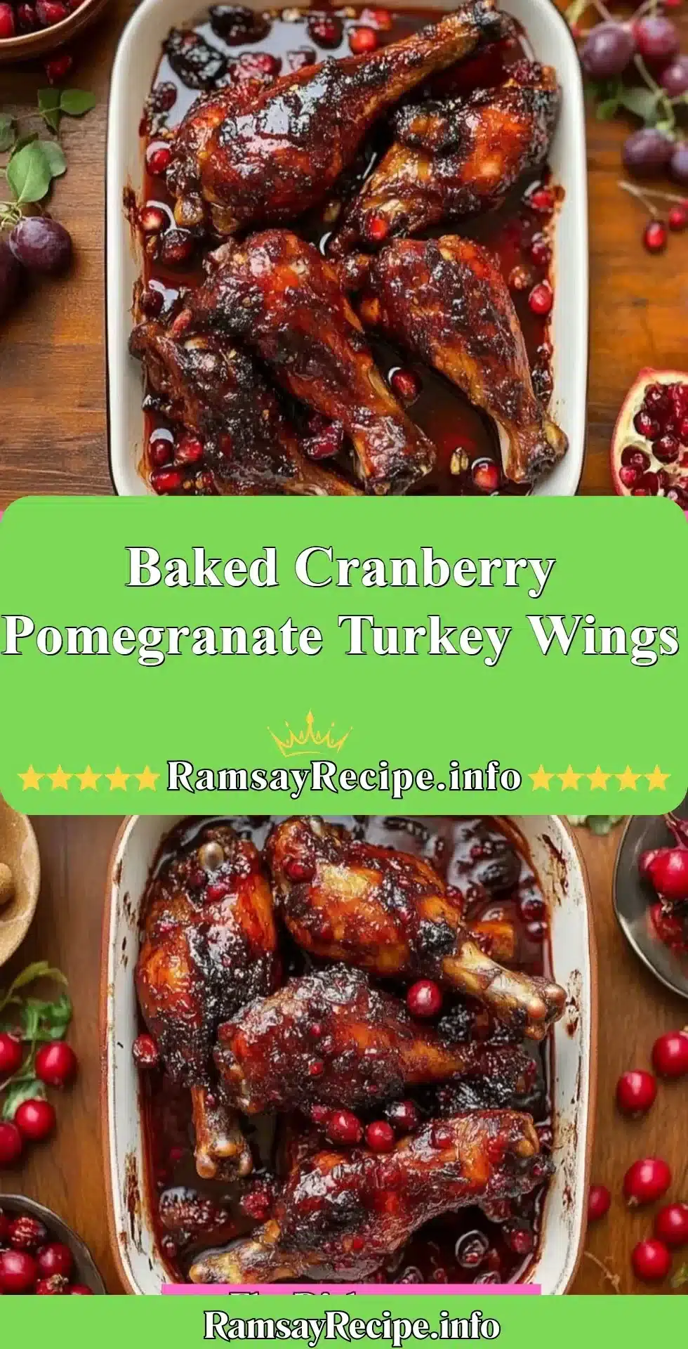 Baked cranberry pomegranate turkey wings garnished with fresh herbs