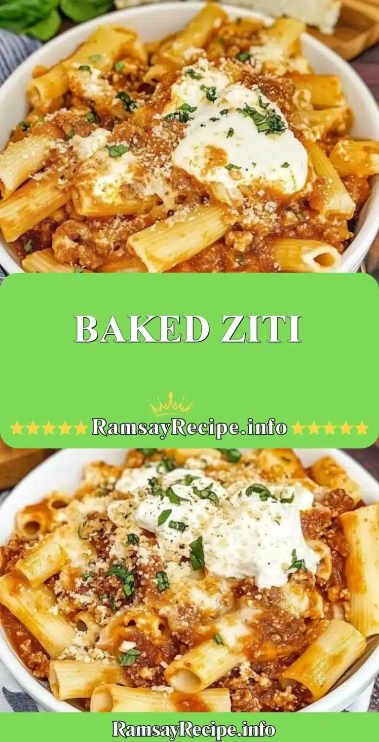 Delicious baked ziti topped with cheese and fresh herbs in a baking dish
