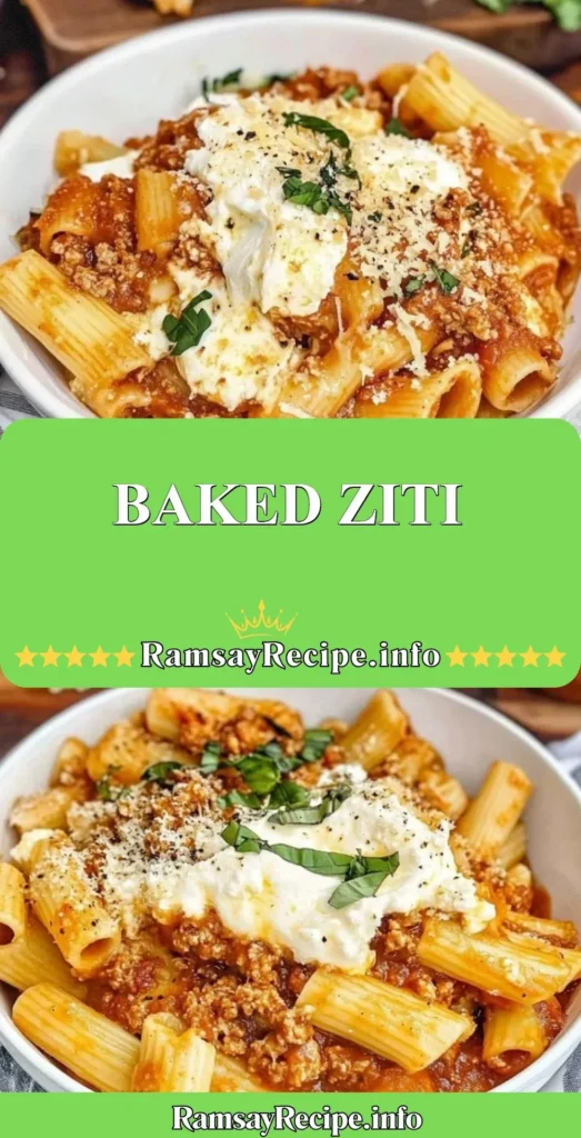 Delicious baked ziti with melted cheese and marinara sauce in a dish