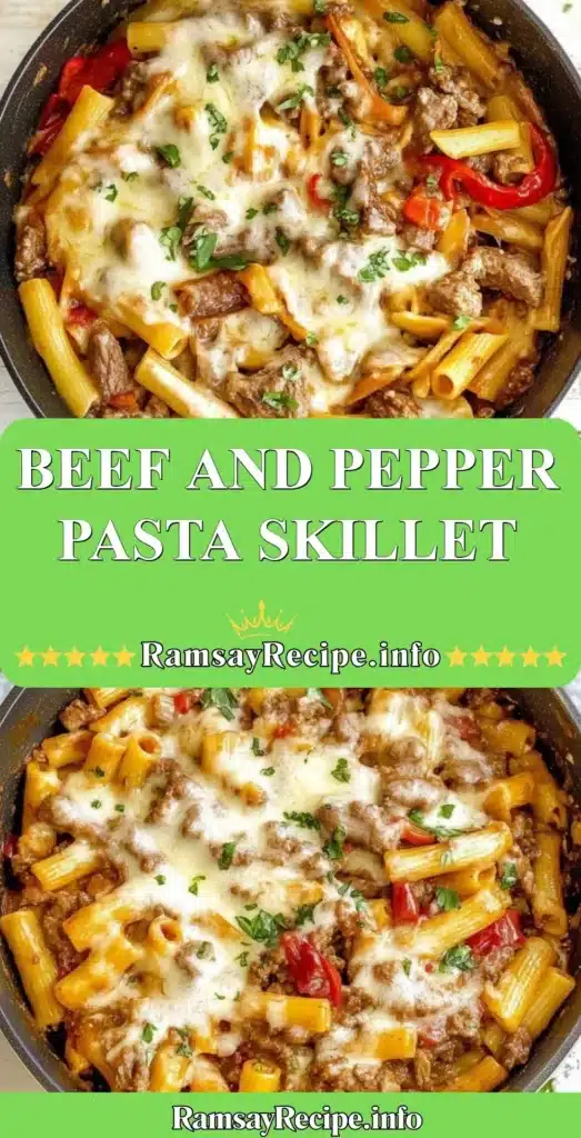 Beef and Pepper Pasta Skillet served in a pan with colorful peppers