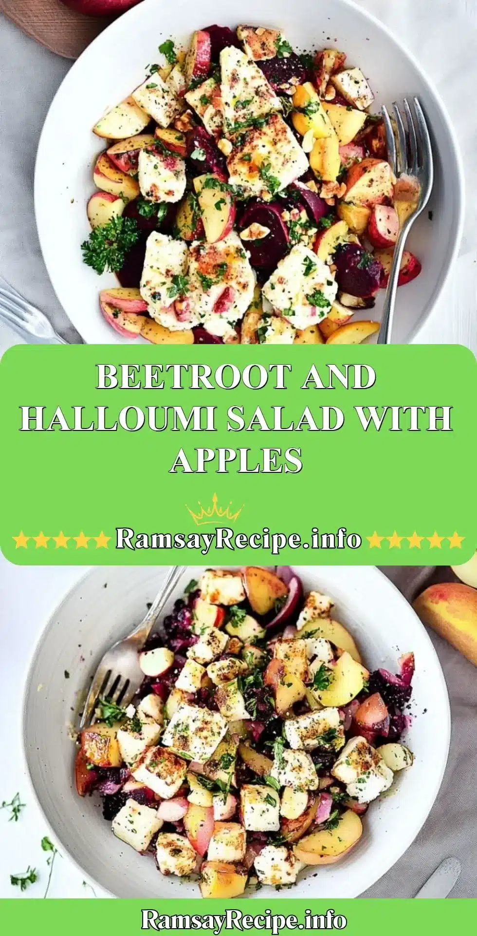 Beetroot and Halloumi Salad with Apples showcasing fresh ingredients on a plate.