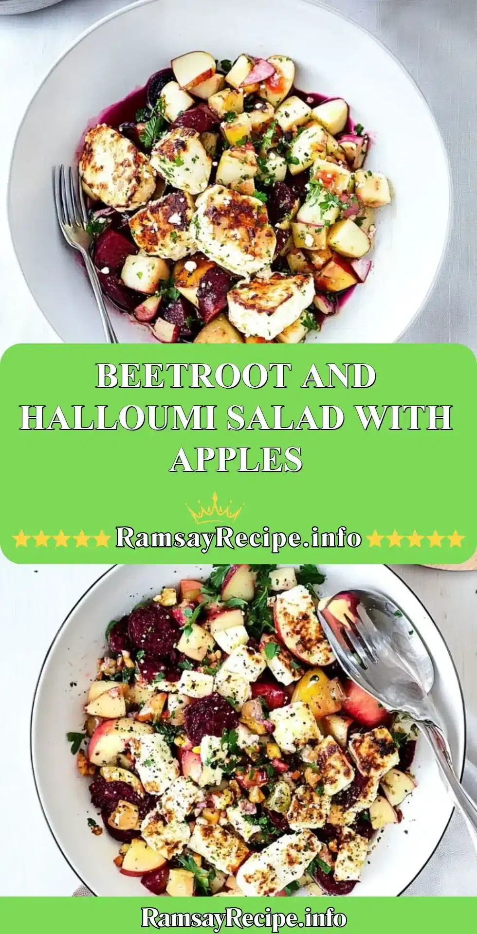 Plate of Beetroot Halloumi Salad with apples and greens