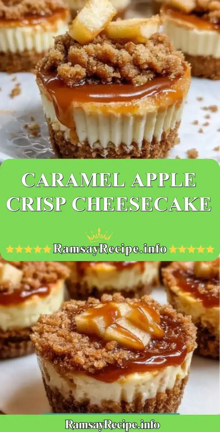 Slice of caramel apple crisp cheesecake topped with caramel sauce and apple slices