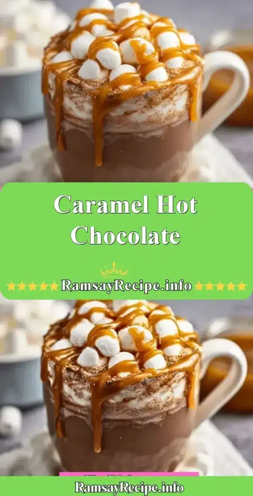 Delicious caramel hot chocolate with whipped cream and caramel drizzle