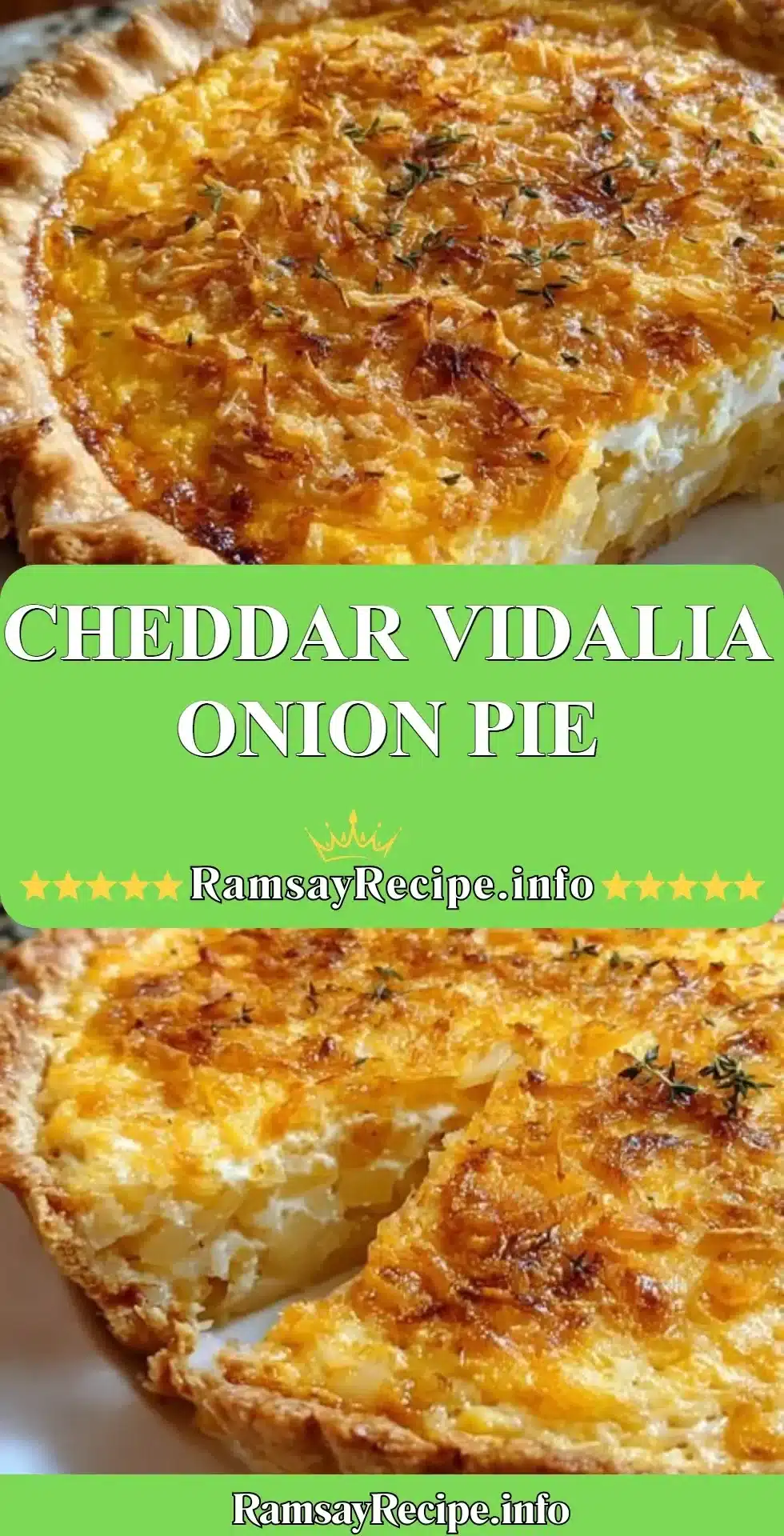 Cheddar Vidalia Onion Pie fresh out of the oven, showcasing its golden crust and cheesy filling.