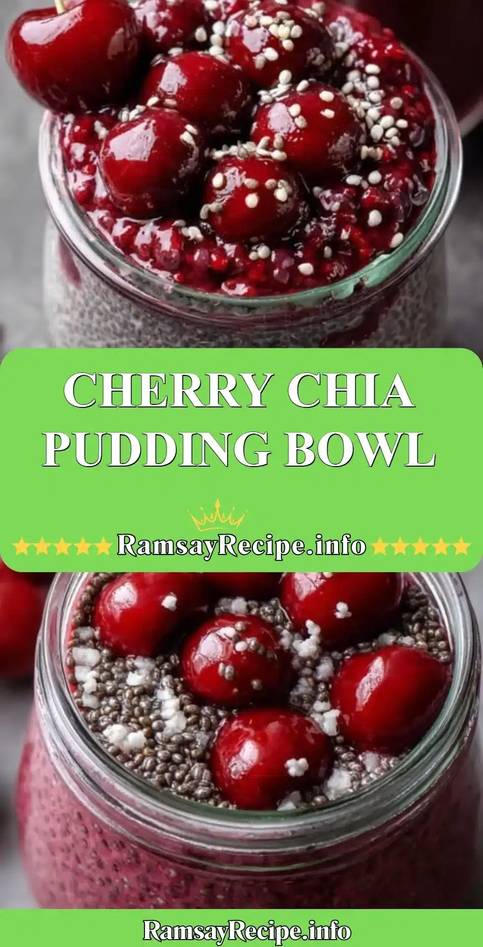 A vibrant bowl of cherry chia pudding topped with fresh cherries and nuts.
