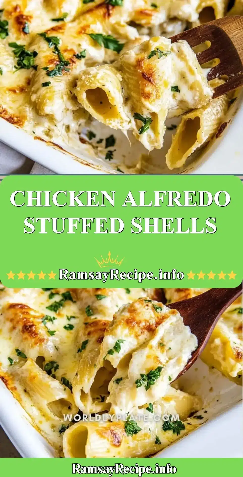 Delicious Chicken Alfredo Stuffed Shells topped with cheesy sauce and herbs