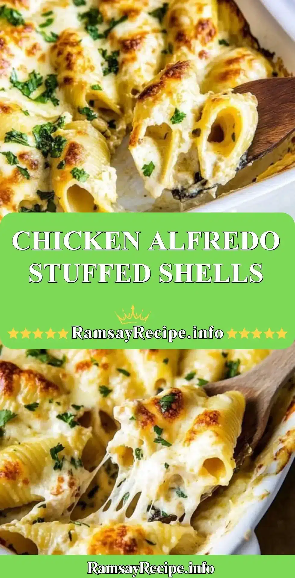 Delicious Chicken Alfredo Stuffed Shells topped with creamy sauce and cheese