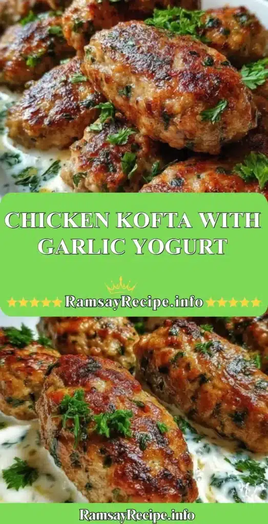 Chicken Kofta served with garlic yogurt sauce on a plate.