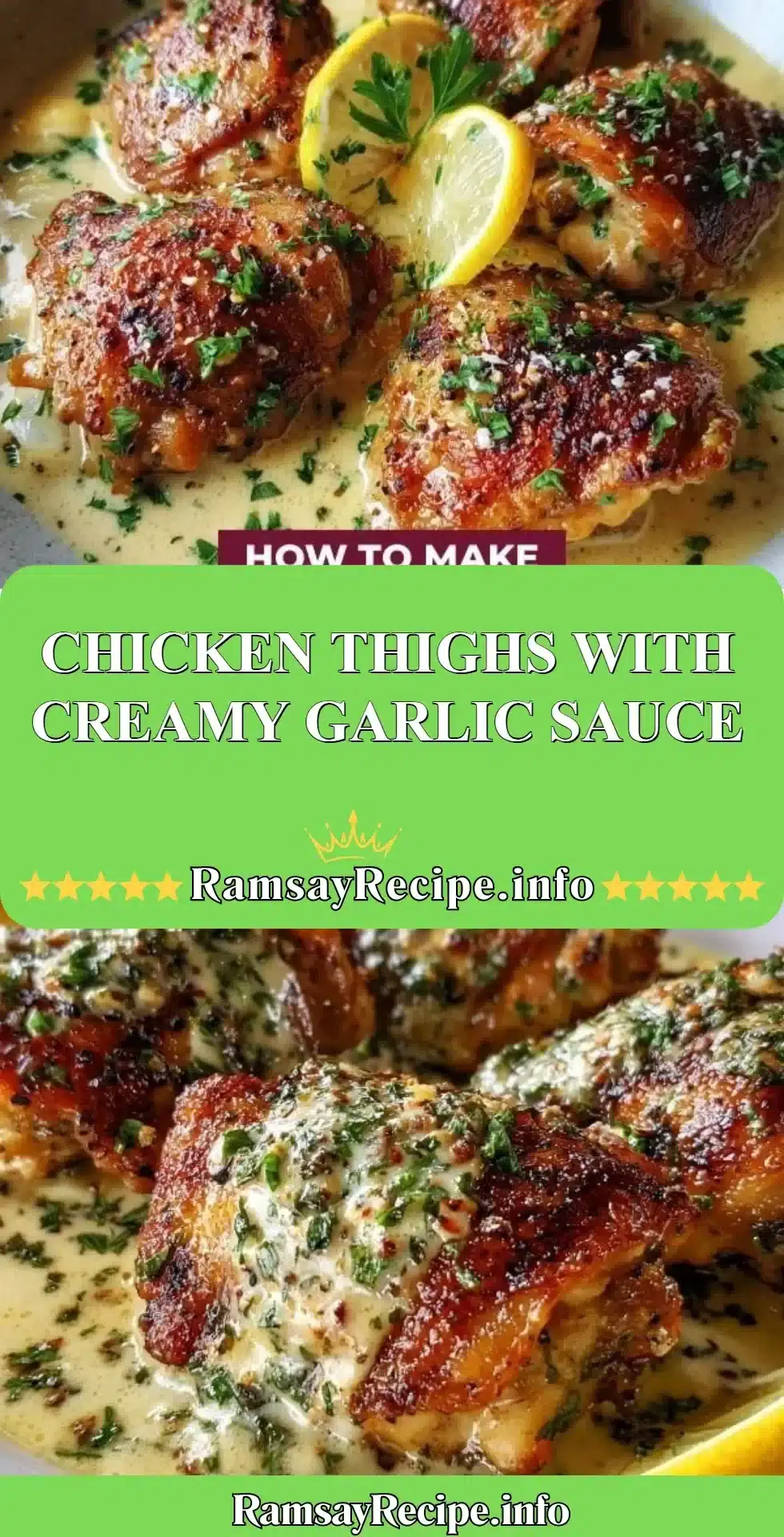 Chicken thighs simmered in creamy garlic sauce served on a plate.