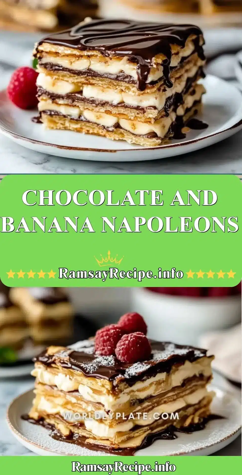Delicious Chocolate Banana Napoleons layered with chocolate and banana filling.