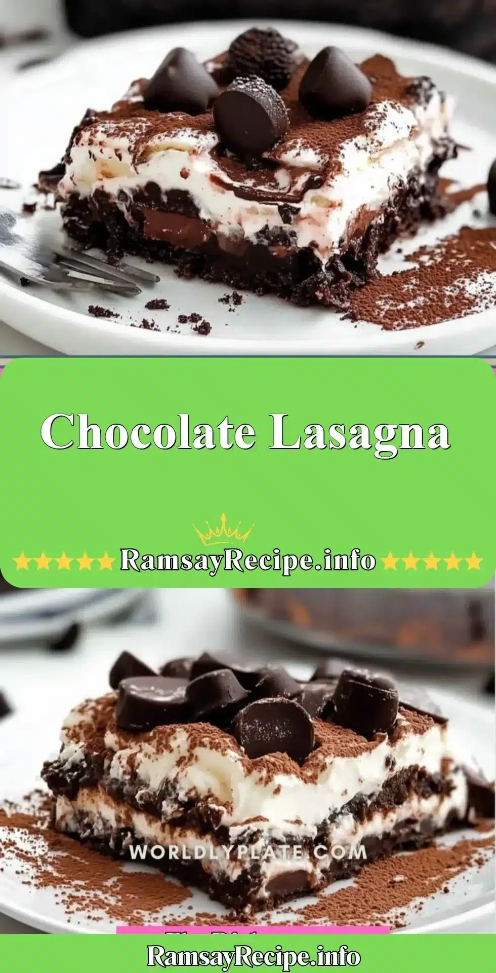 Delicious homemade chocolate lasagna layered with cream and chocolate