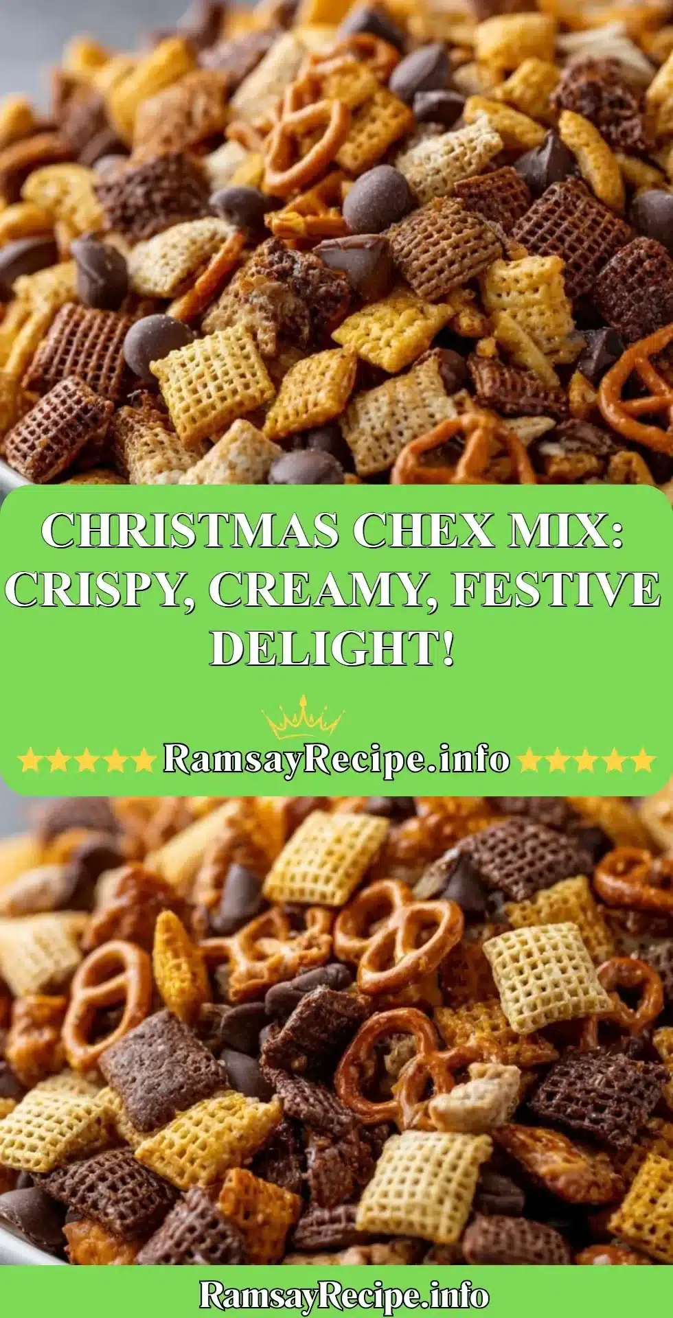 Bowl of Christmas Chex Mix featuring crispy and creamy festive ingredients.
