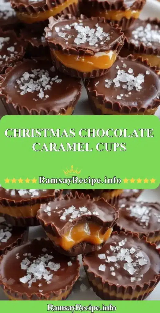 Delicious Christmas chocolate caramel cups topped with festive decorations.