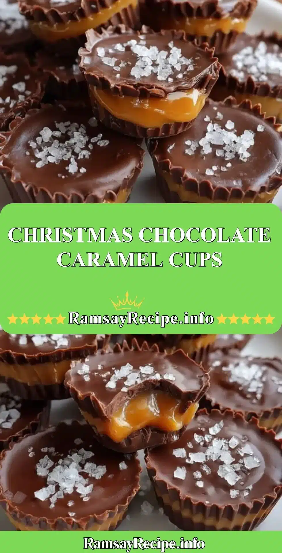 Delicious Christmas chocolate caramel cups topped with festive decorations.
