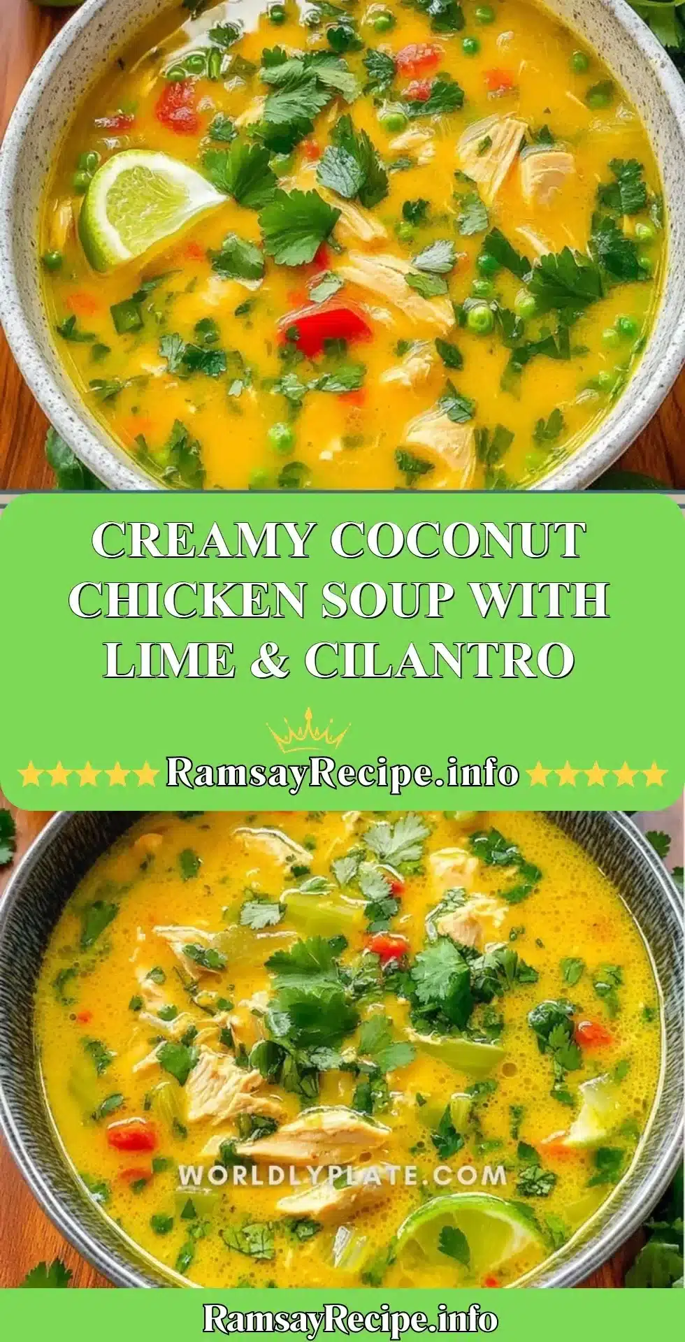 Bowl of creamy coconut chicken soup garnished with lime and cilantro