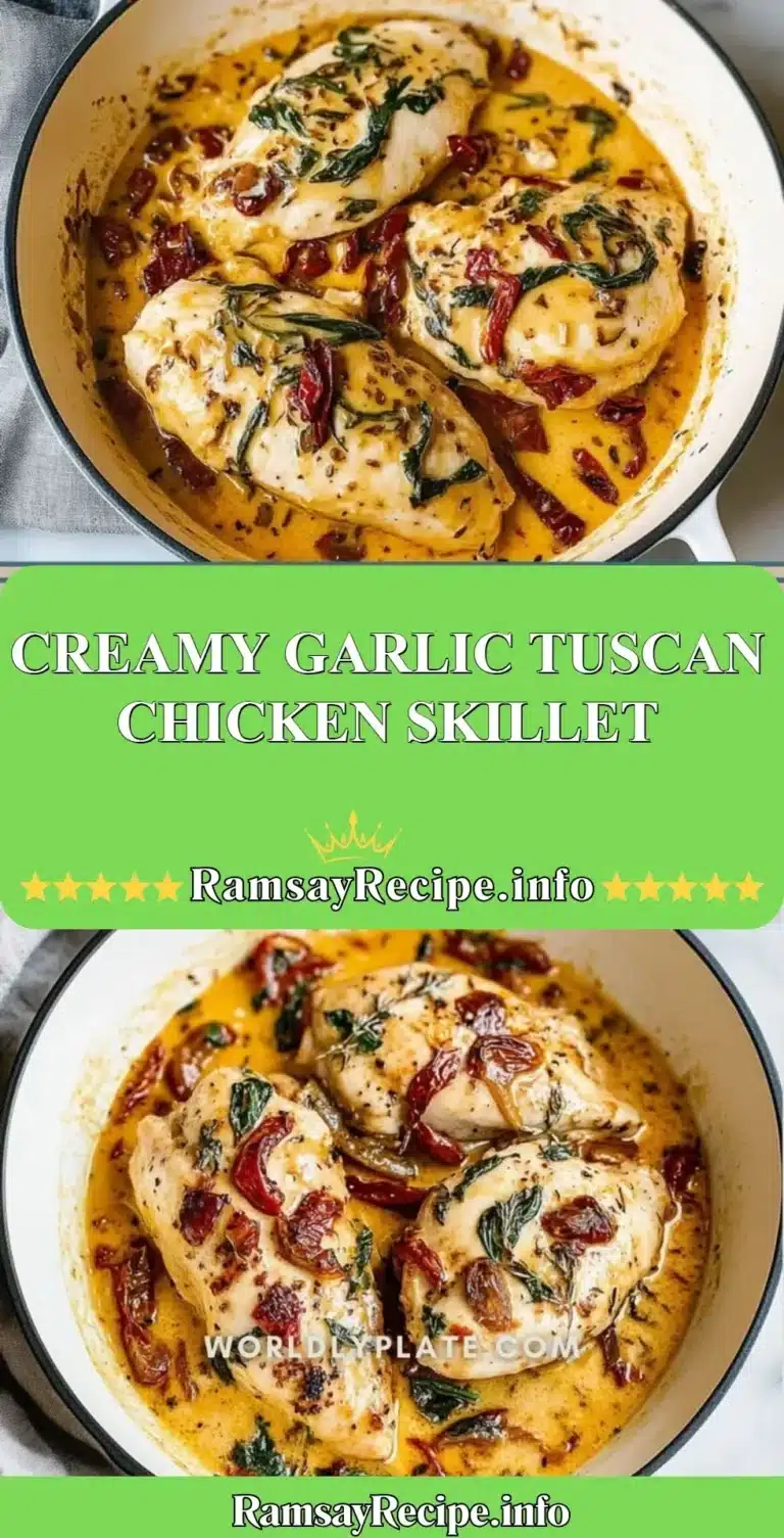 Creamy garlic Tuscan chicken skillet served with herbs and vegetables.
