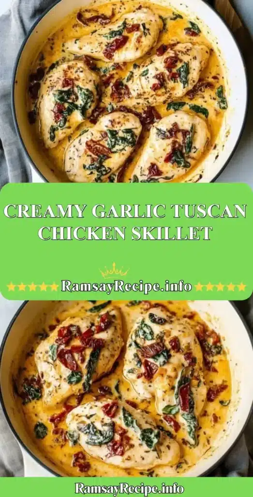 Creamy Garlic Tuscan Chicken Skillet served in a rustic dish garnished with herbs.