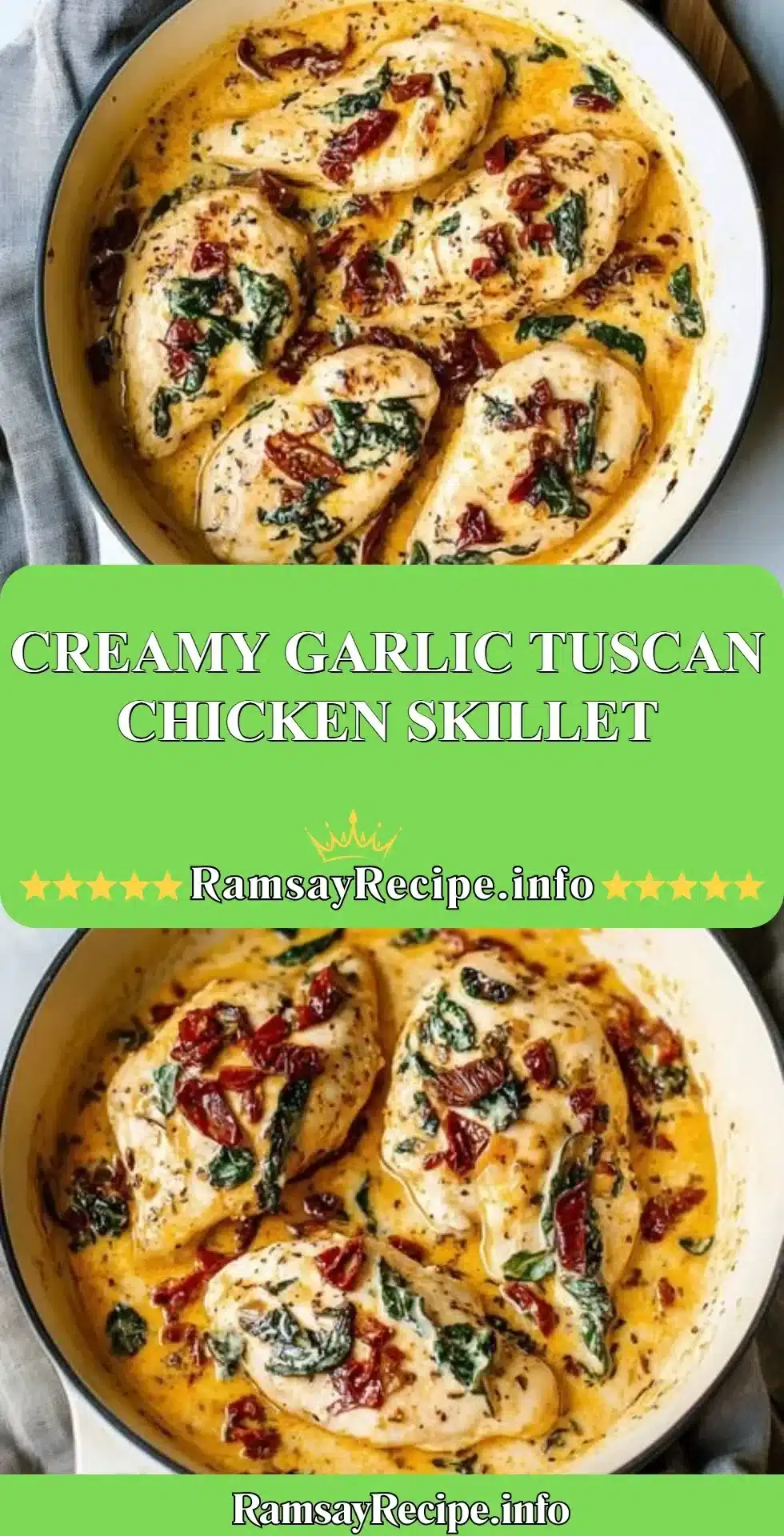 Creamy Garlic Tuscan Chicken Skillet served in a rustic dish garnished with herbs.