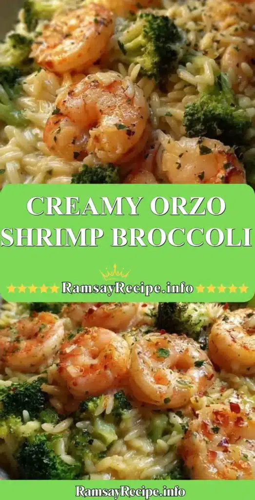 Creamy Orzo Shrimp Broccoli dish garnished with herbs