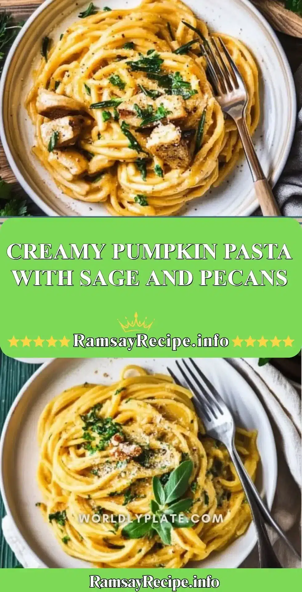 Delicious creamy pumpkin pasta garnished with sage and pecans.