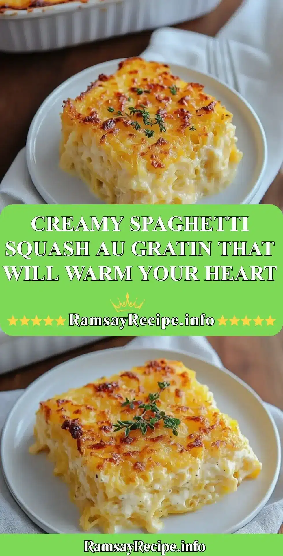 Creamy spaghetti squash au gratin dish served in a casserole dish