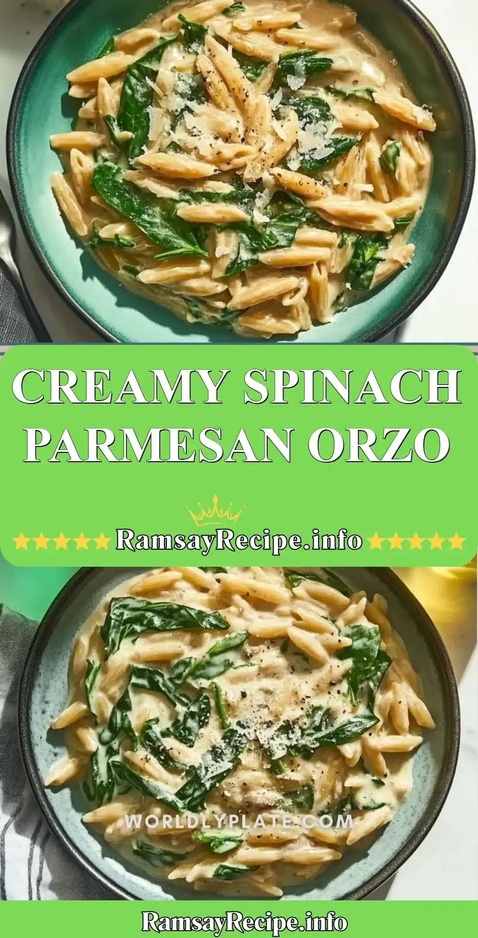 Creamy spinach parmesan orzo dish garnished with fresh spinach and cheese