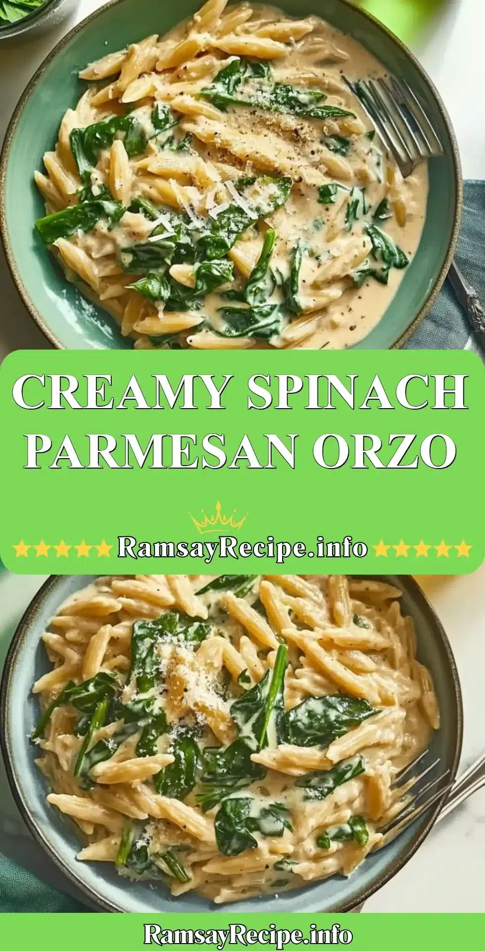 Creamy spinach parmesan orzo dish served in a bowl garnished with herbs.