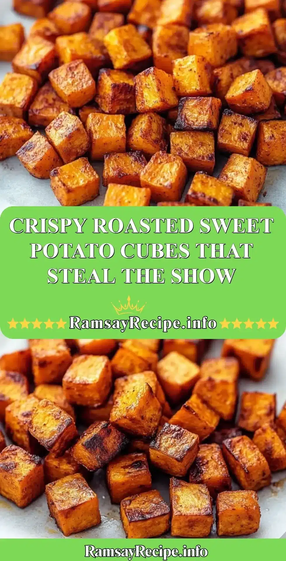 Crispy roasted sweet potato cubes on a plate, golden and delicious
