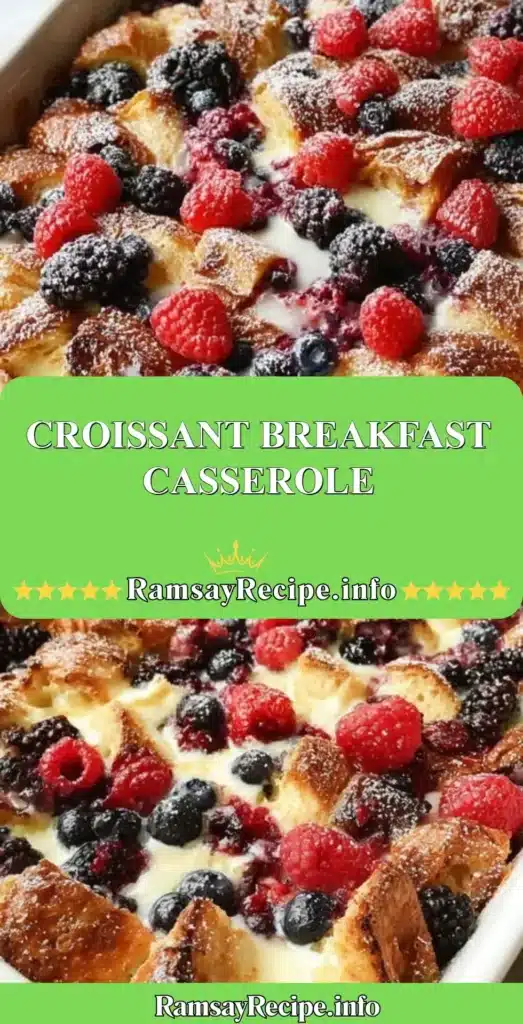 Delicious croissant breakfast casserole topped with cheese and herbs
