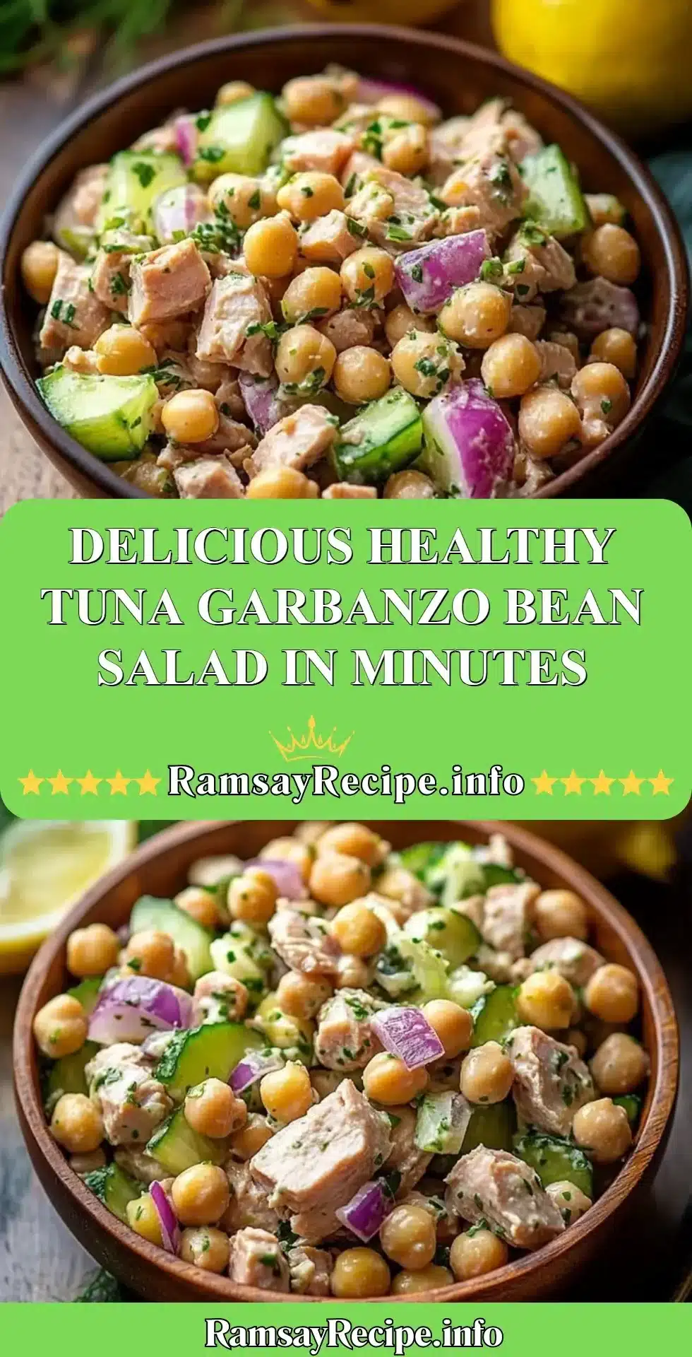 Healthy tuna garbanzo bean salad served in a bowl