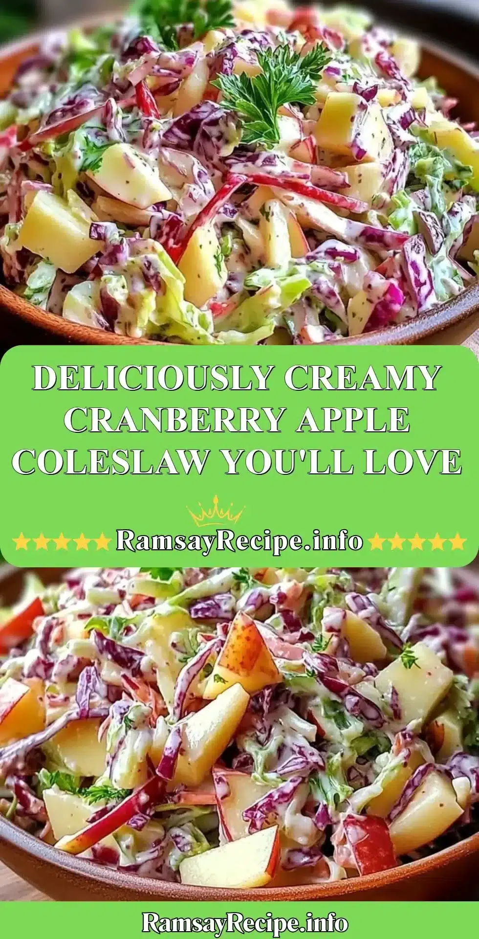 Deliciously Creamy Cranberry Apple Coleslaw You'll Love 2 Creamy cranberry apple coleslaw in a bowl, garnished with fresh herbs.