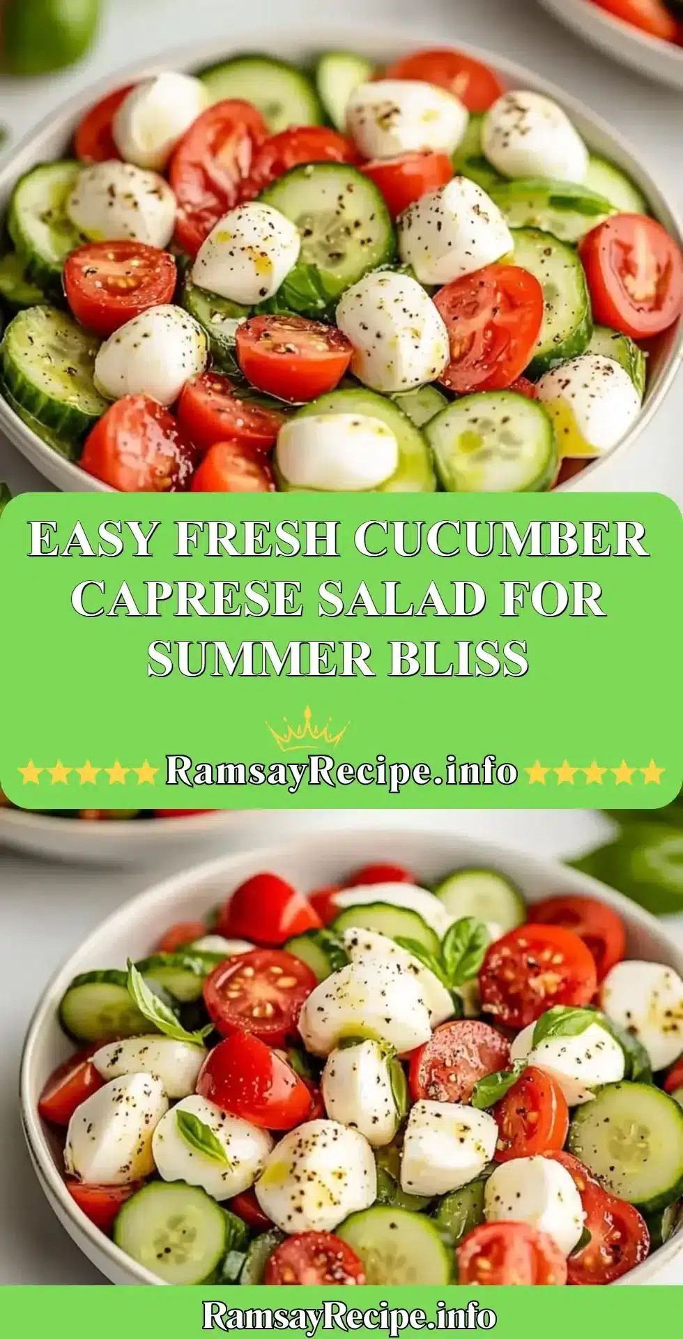 Fresh cucumber caprese salad with mozzarella and basil for summer