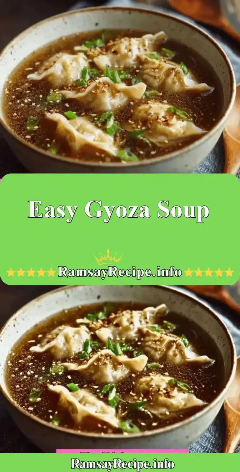 A bowl of easy Gyoza Soup garnished with green onions and herbs.