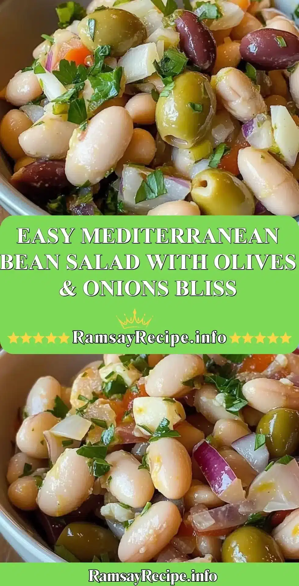 Easy Mediterranean Bean Salad featuring olives and onions for a healthy dish