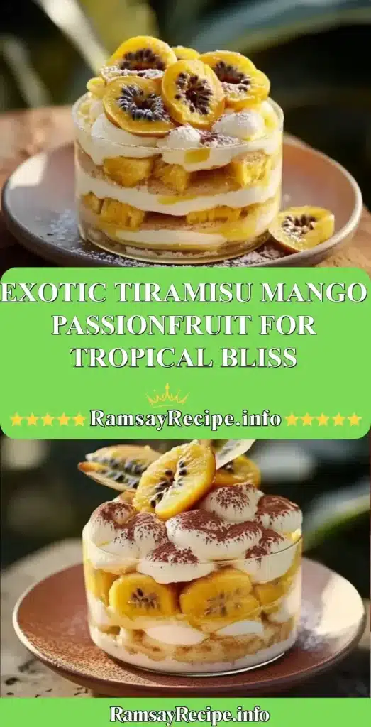 Delicious exotic tiramisu with mango and passionfruit layers for tropical delight.