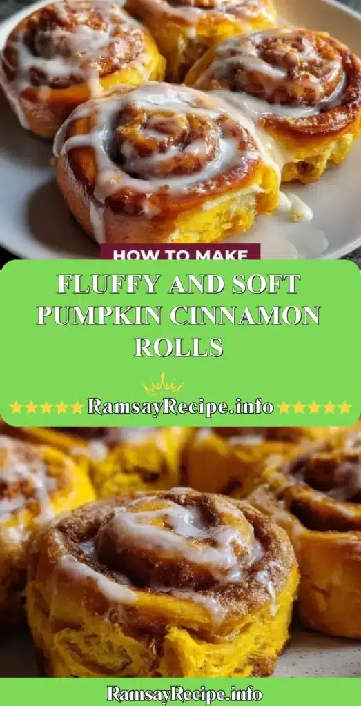 Fluffy and soft pumpkin cinnamon rolls drizzled with icing on a plate