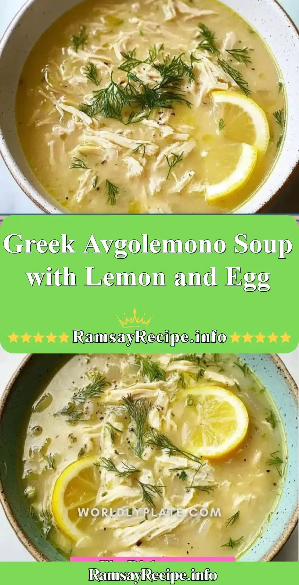 Bowl of Greek Avgolemono Soup with lemon and egg garnish