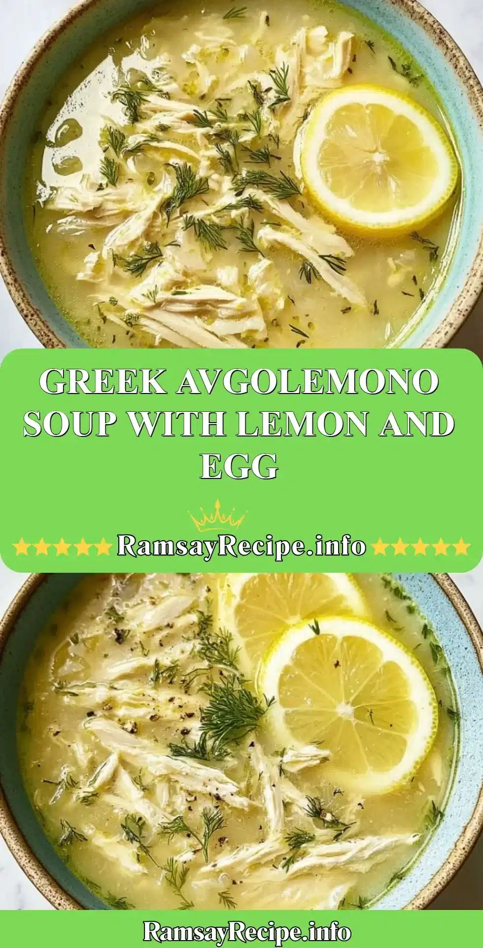 Bowl of Greek Avgolemono Soup with lemon and egg garnish