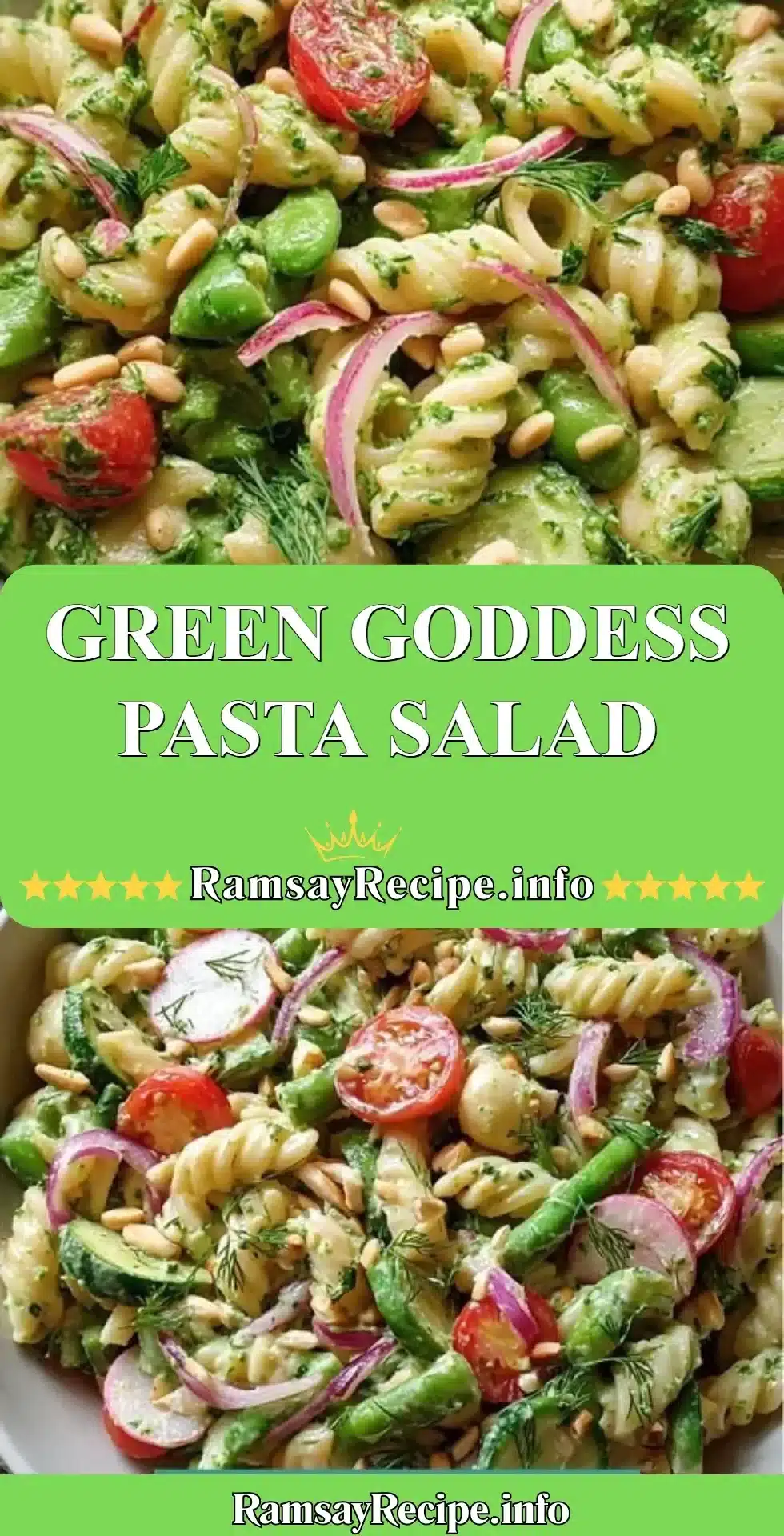 Colorful Green Goddess Pasta Salad with fresh vegetables and dressing